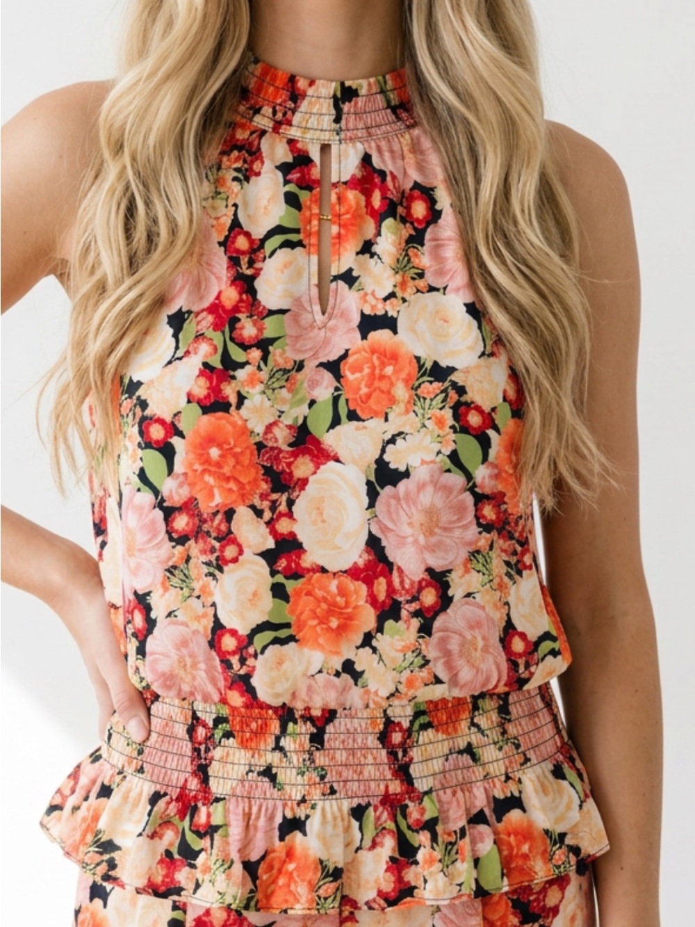 INC International Concepts Black Floral Halter Top with Coral & Cream Blooms